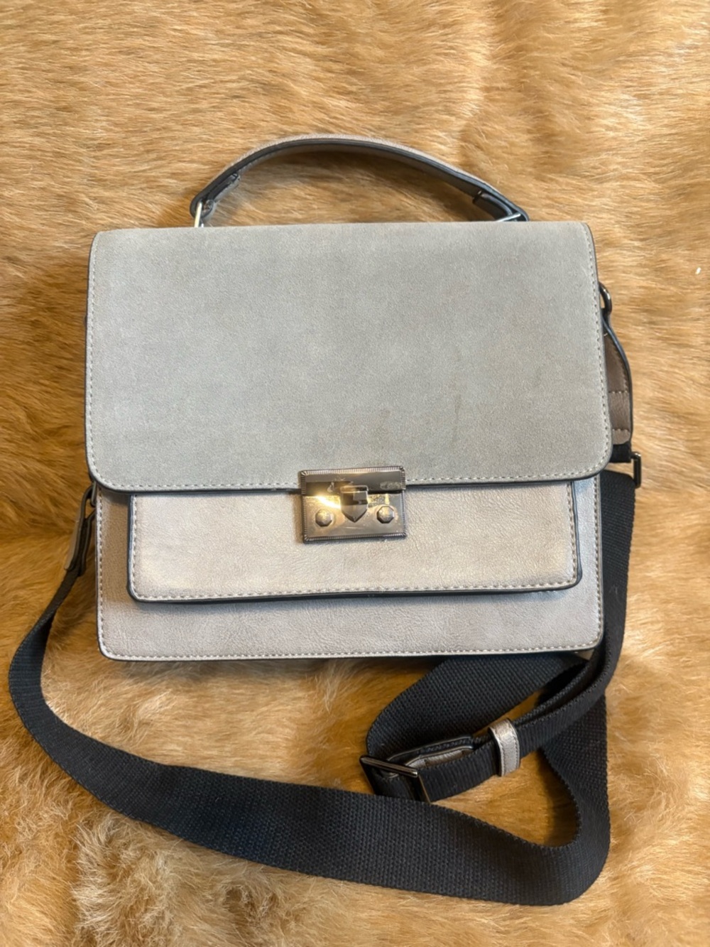 Simons Light Gray Suede Top-Handle Satchel with Black Strap